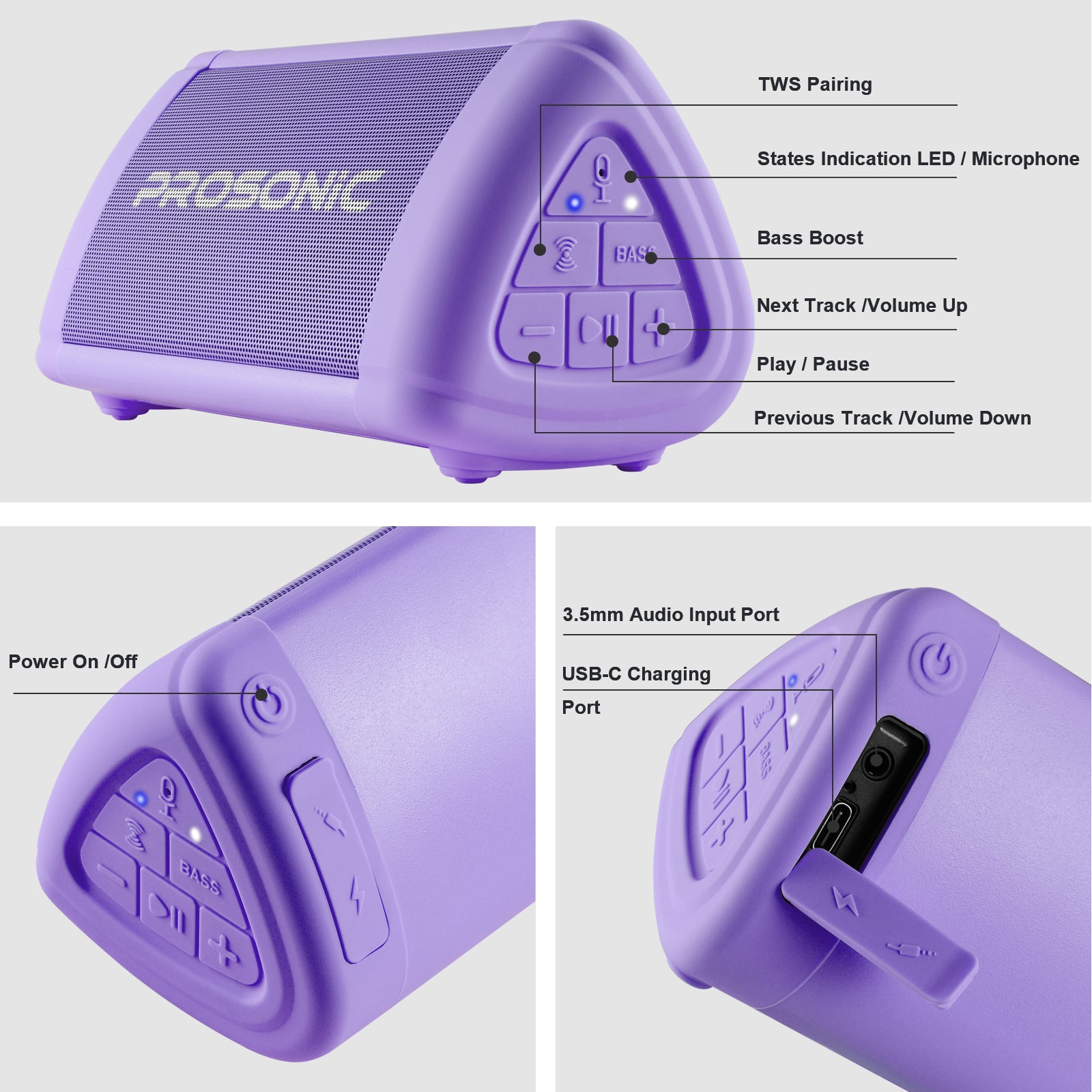 Prosonic BT3 Portable Wireless Bluetooth Speaker (Purple)